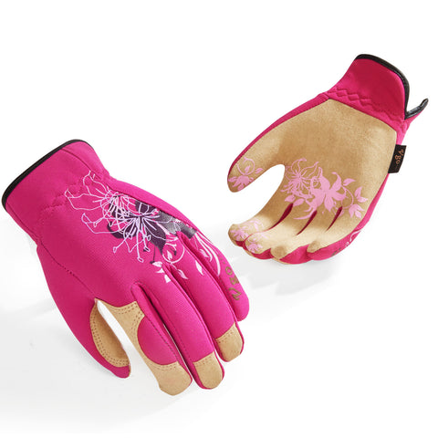 VGO 1-Pair Women's Gardening Gloves - Synthetic leather or Premium Goat Leather Work Gloves with Thornproof&Non-Slip Grip, Breathable Floral Design, Ergonomic Fit for Pruning, Landscaping,Outdoor(GA7444/SL7443))